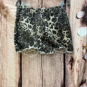 Leopard Print Distressed Denim Skirt